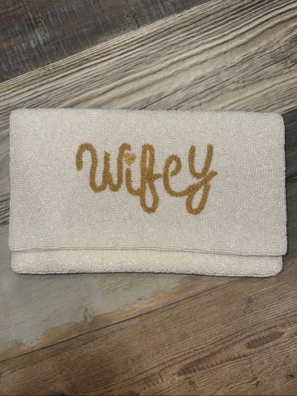 White Beaded 'Wifey' Clutch Bag with Gold Script
